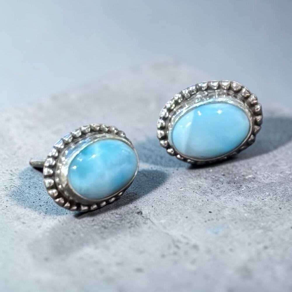 925 Sterling Silver Larimar Sky Blue Oval Cabochon Stud Earrings Rope Border